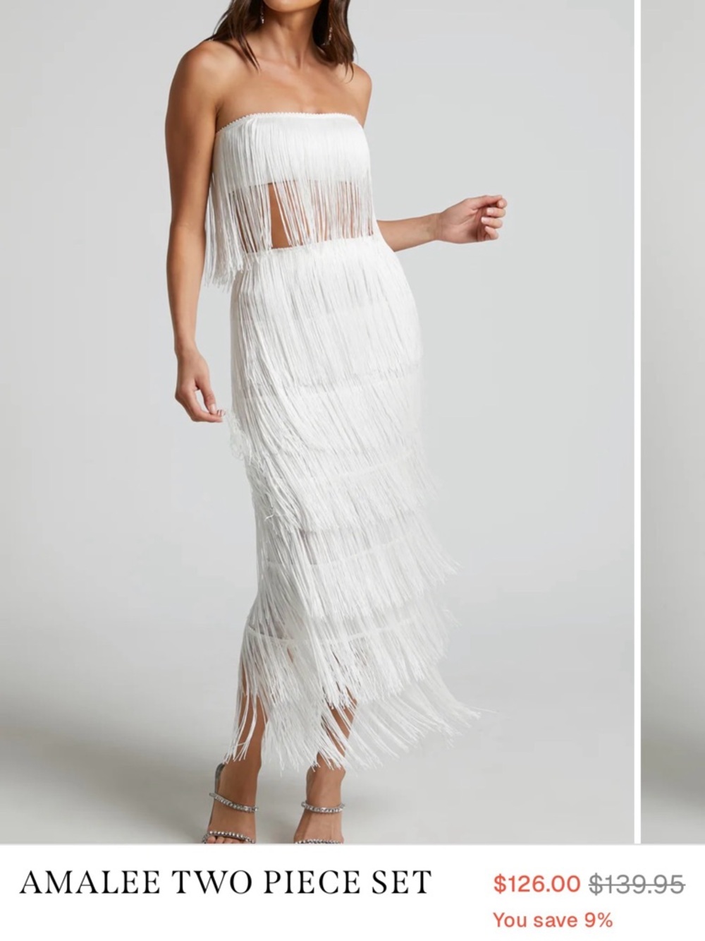 AMALEE TWO PIECE SET - FRINGE STRAPLESS CROP TOP AND MIDI SKIRT SET IN WHITE